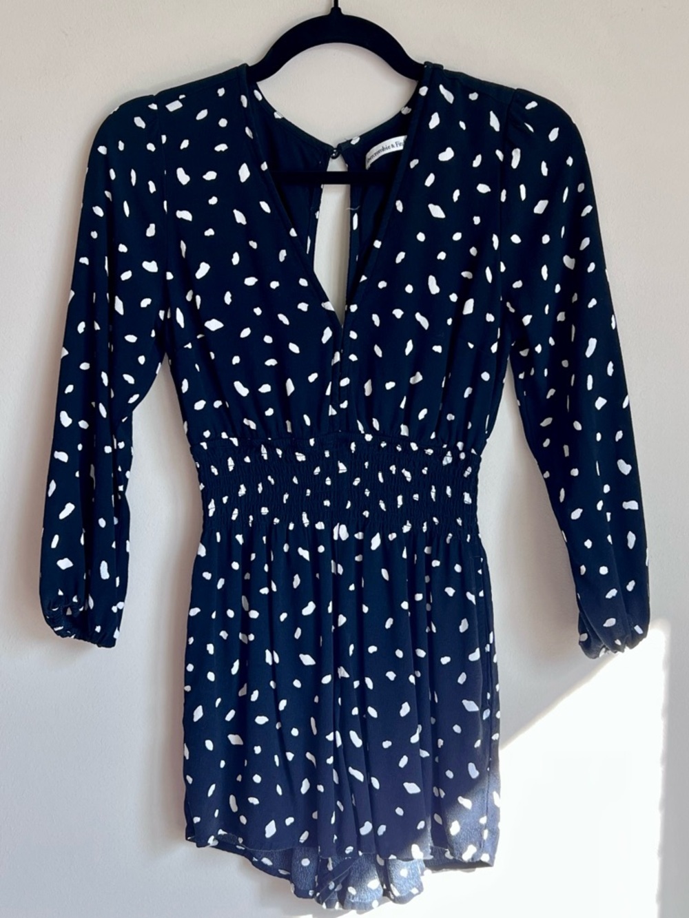 Abercrombie & Fitch Navy and White Polka Dot Long-Sleeve Romper Dress